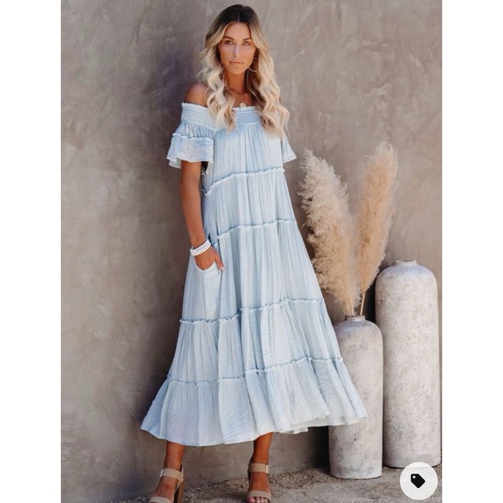 VICI Confident Pocketed Off The Shoulder Tiered Maxi Dress